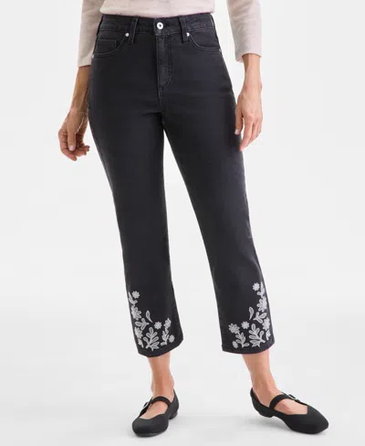 Style & Co Petite Embroidered Cropped High Rise Straight Jeans, Macy's Exclusive In Black