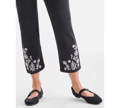 Style & Co Petite Embroidered Cropped High Rise Straight Jeans, Macy's Exclusive In Black