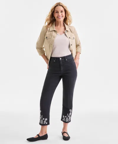 Style & Co Petite Embroidered Cropped High Rise Straight Jeans, Macy's Exclusive In Black