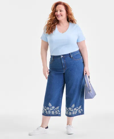 Style & Co Plus Size Embroidered Cropped 5 Pocket Jeans, Macy's Exclusive In Blue