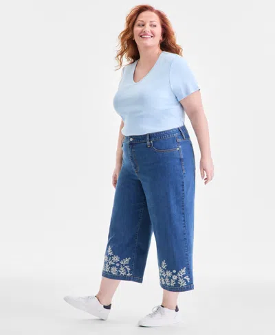 Style & Co Plus Size Embroidered Cropped 5 Pocket Jeans, Macy's Exclusive In Blue
