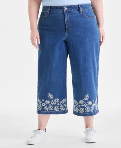 Style & Co Plus Size Embroidered Cropped 5 Pocket Jeans, Macy's Exclusive In Blue