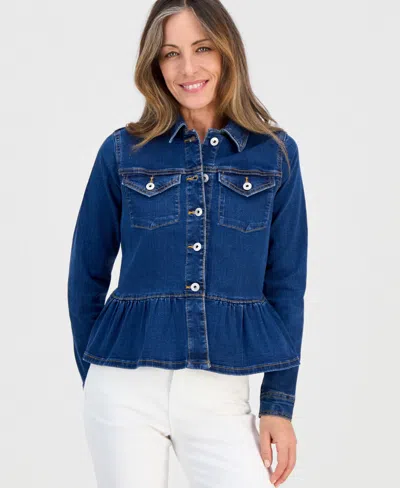 Style & Co Petite Long-sleeve Peplum Denim Jacket, Macy's Exclusive In Blue