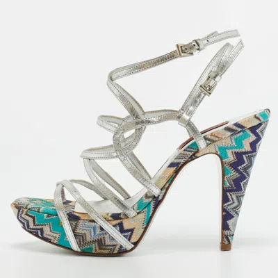 Pre-owned Missoni Size 36 Silver Knit Fabric And Leather Strappy Platform Sandals