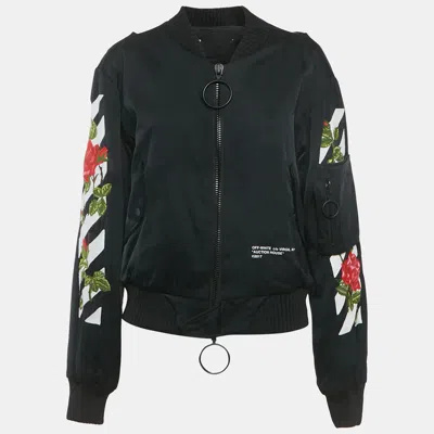 Pre-owned Off-white Black Rose And Arrow Embroidered Satin Bomber Jacket S