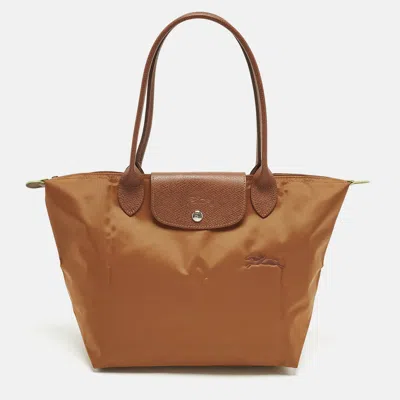 Pre-owned Longchamp Le Pliage Long Handle M Brown Leather And Nylon Tote