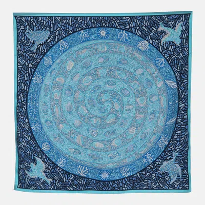 Pre-owned Hermes La Legende Du Poisson Corail Blue Silk Scarf