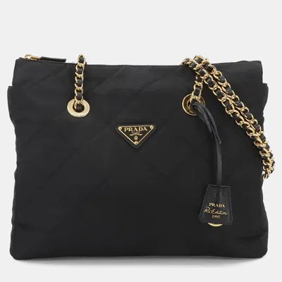 Pre-owned Prada Chain Black Nylon Saffiano Leather Tote Bag