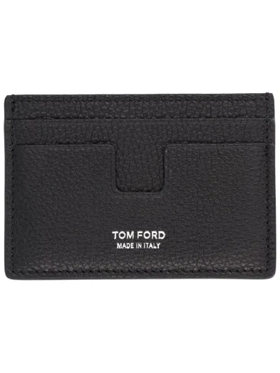 Tom Ford Black Card Holder With Embossed Lgoo Lettering On The Front And Money Clip In Grained Leather Man In Black