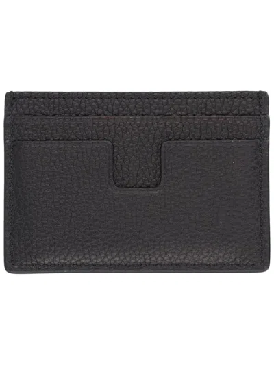 Tom Ford Black Card Holder With Embossed Lgoo Lettering On The Front And Money Clip In Grained Leather Man In Black