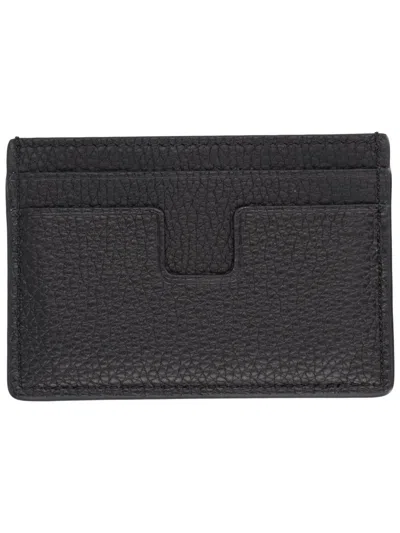 Tom Ford Black Card Holder With Embossed Lgoo Lettering On The Front And Money Clip In Grained Leather Man In Black
