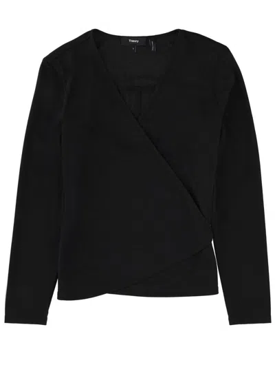 Theory Long Sleeve Knit Top Tie Back Wrap In Black