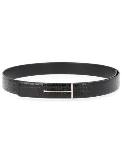 Tom Ford T-buckle Reversible Belt In Croc-embossed Leather In Black