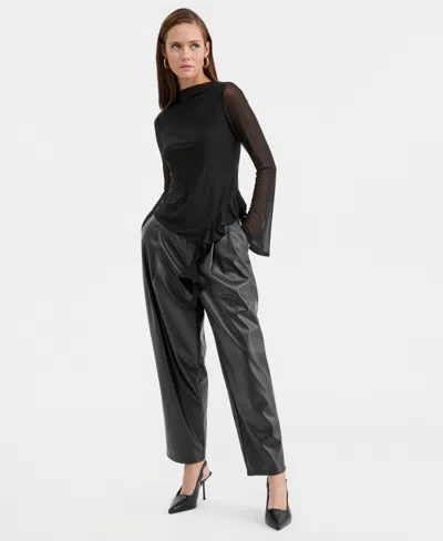 Bar Iii Women's Mock-neck Ruffled-trim Top, Macy's Exclusive In Black