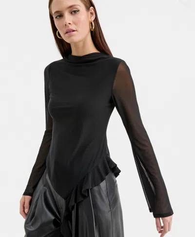 Bar Iii Women's Mock-neck Ruffled-trim Top, Macy's Exclusive In Black
