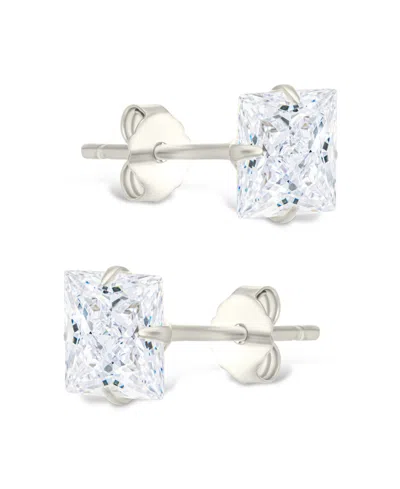 Sterling Forever Sterling Silver Princess Cut Prong Set Stud Earrings In Metallic