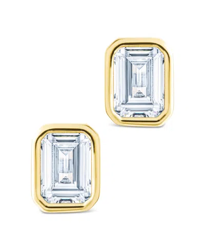 Sterling Forever 14k Over Silver Cz Emerald Cut Bezel Set Stud Earrings In Gold