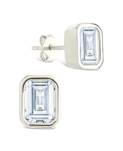 Sterling Forever Sterling Silver Emerald Cut Bezel Set Stud Earrings In Metallic