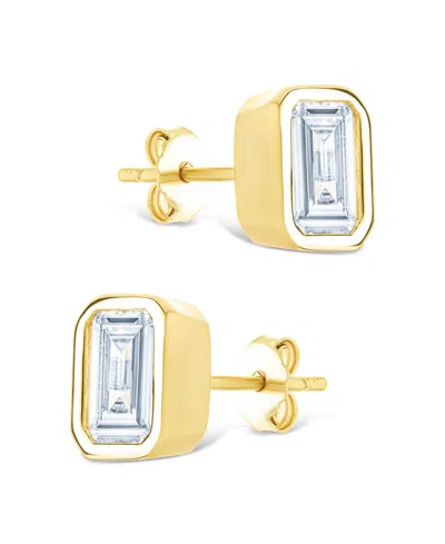 Sterling Forever 14k Over Silver Cz Emerald Cut Bezel Set Stud Earrings In Gold