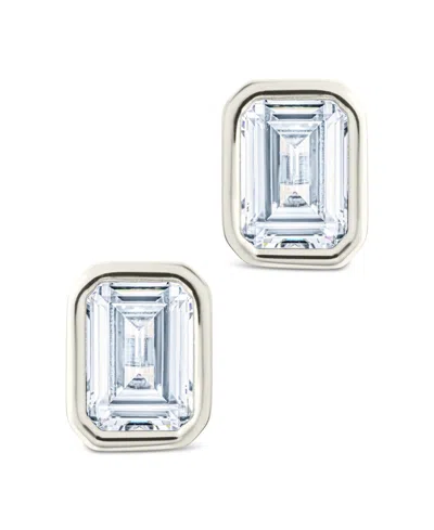 Sterling Forever Sterling Silver Emerald Cut Bezel Set Stud Earrings In Metallic