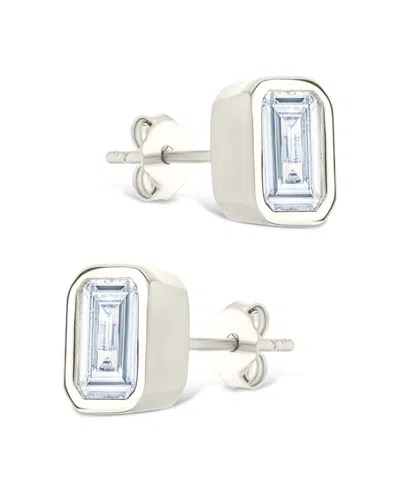 Sterling Forever Sterling Silver Emerald Cut Bezel Set Stud Earrings In Metallic
