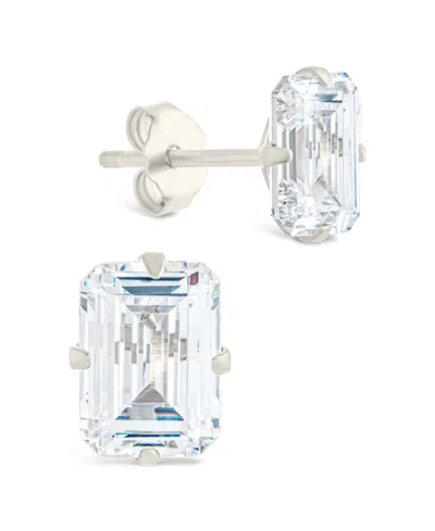 Sterling Forever Sterling Silver Emerald Cut Prong Set Stud Earrings In Metallic
