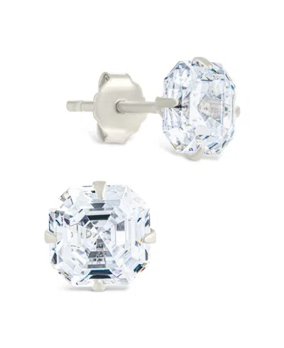 Sterling Forever Sterling Silver Asscher Cut Prong Set Stud Earrings In Metallic