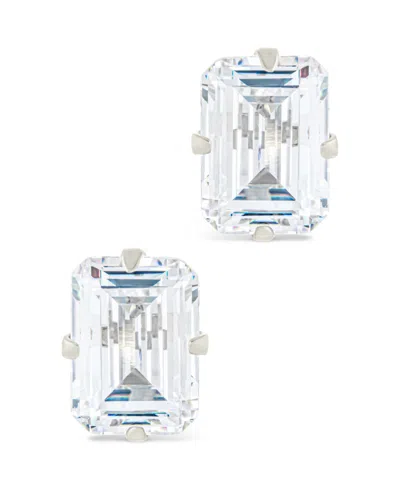 Sterling Forever Sterling Silver Emerald Cut Prong Set Stud Earrings In Metallic