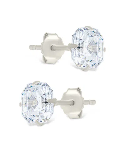 Sterling Forever Sterling Silver Asscher Cut Prong Set Stud Earrings In Metallic