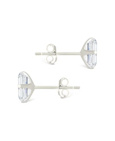 Sterling Forever Sterling Silver Emerald Cut Prong Set Stud Earrings In Metallic