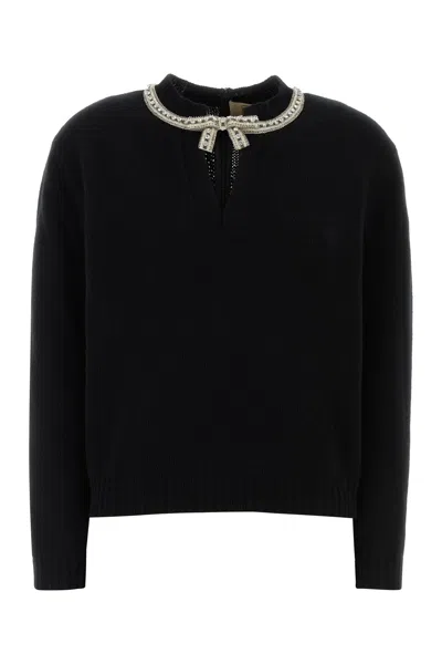 Valentino Wool Sweater Long Sleeves Embellished Collar In Black