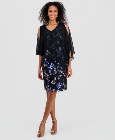 Sl Fashions Women's Sequined Chiffon-overlay Dress In Black