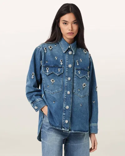 Allsaints Enna Embellished Denim Snap-up Shirt In Blue