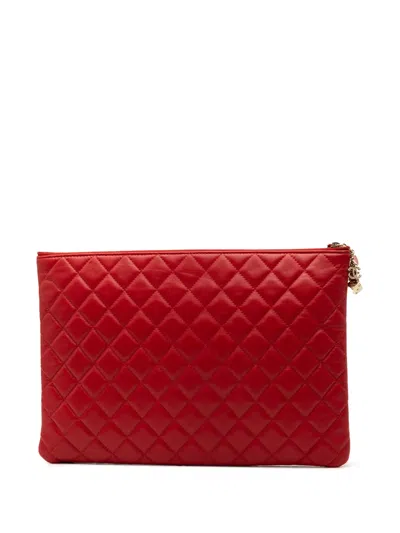 Pre-owned Chanel 2016-2017 Large Quilted Lambskin Casino Charms O Case Clutch Bag In Red