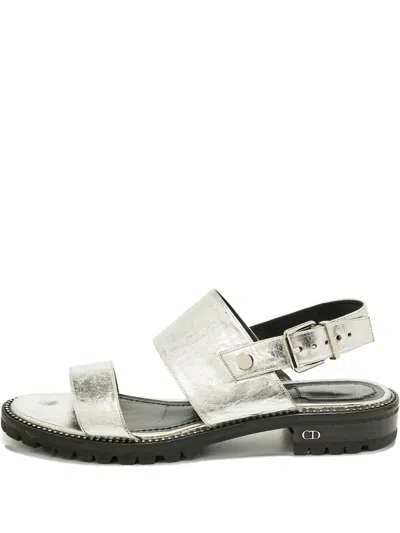 Pre-owned Dior Leather Slingback Sandals In Silver