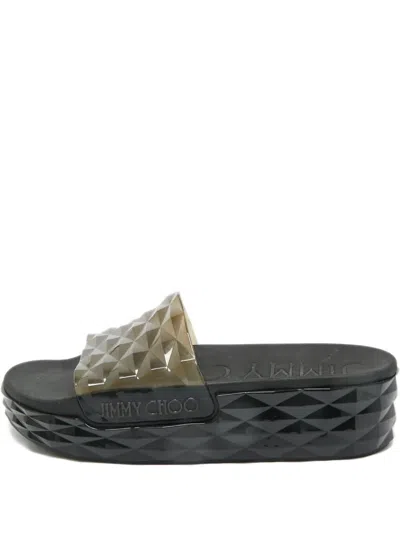 Pre-owned Jimmy Choo Diamond-pattern Slides In Gray