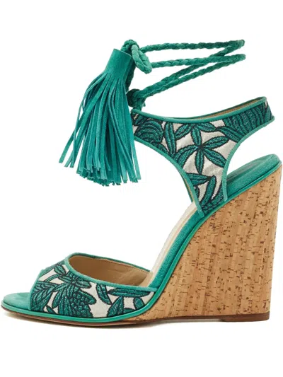 Pre-owned Paul Andrew Floral Tassel Sandals In Green