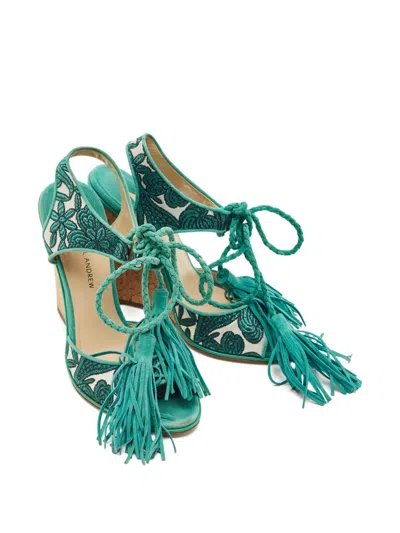 Pre-owned Paul Andrew Floral Tassel Sandals In Green