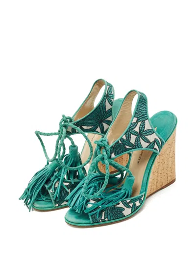 Pre-owned Paul Andrew Floral Tassel Sandals In Green