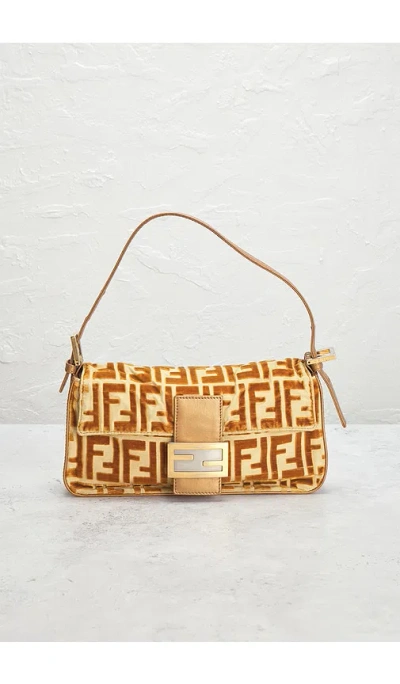 Fwrd Renew Fendi Ff Embossed Velvet Baguette Shoulder Bag In Gold