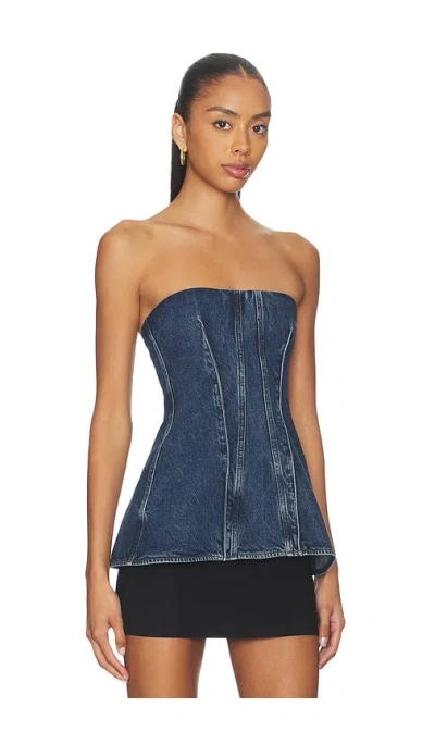 Agolde Lara Strapless Corset Peplum Denim Top In Blue