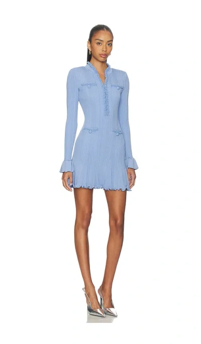 Self-portrait Faux Pearl-embellished Ribbed-knit Mini Dress In Blue