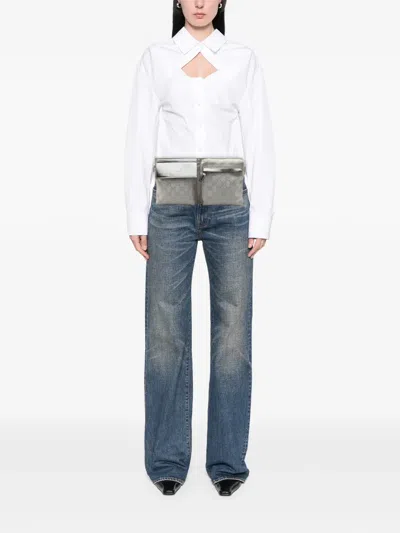 Pre-owned Gucci 2000-2015 Gg Canvas Web Double Pocket Belt Bag In Gray