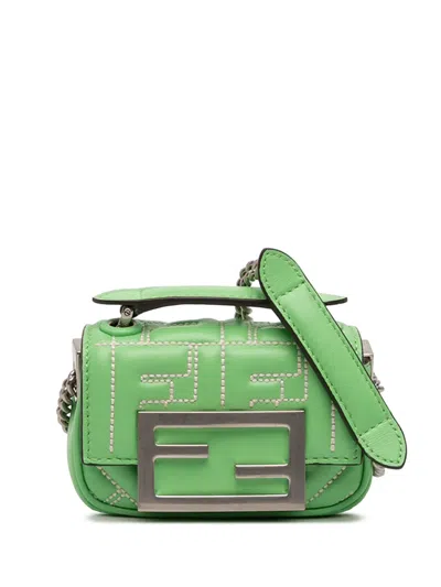 Pre-owned Fendi 2000-2025 Nano Zucca Embossed Leather Baguette Charm Crossbody Bag In Green
