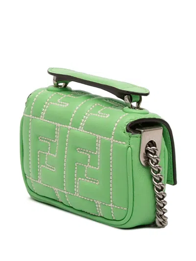 Pre-owned Fendi 2000-2025 Nano Zucca Embossed Leather Baguette Charm Crossbody Bag In Green