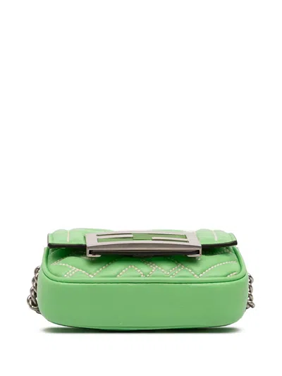 Pre-owned Fendi 2000-2025 Nano Zucca Embossed Leather Baguette Charm Crossbody Bag In Green