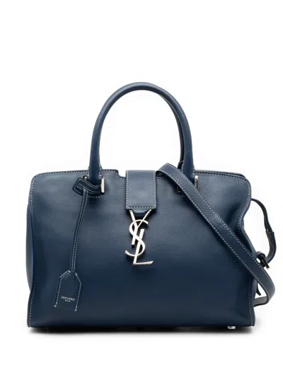 Pre-owned Saint Laurent 2017 Baby Leather Monogram Downtown Cabas Satchel In Blue