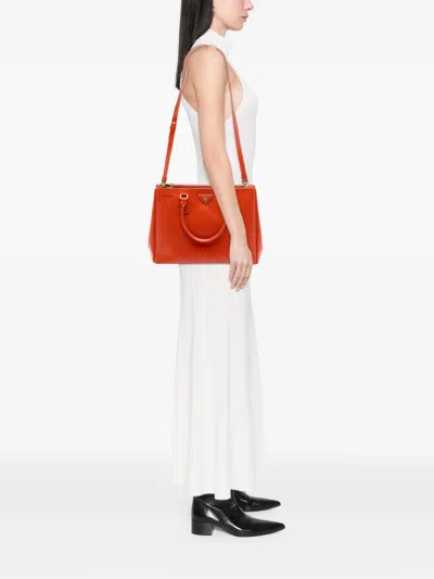 Pre-owned Prada 2000-2025 Medium Saffiano Vernice Galleria Double Zip Satchel In Orange