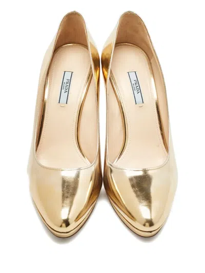 Pre-owned Prada Pointed-toe Leather Pumps In Gold