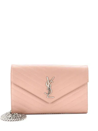 Pre-owned Saint Laurent Classic Monogram Wallet On Chain Matelasse Chevron Leather Medium Crossbody Bag In Pink